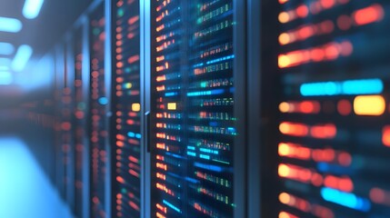 Futuristic Server Room with Glowing Red and Blue Lights Showcasing Advanced Data Technology