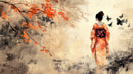 Graceful Woman in Autumn Kimono with Falling Leaves and Butterflies – Japanese Brush Art