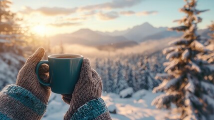 Winter Wonderland Sunrise with Warm Mug in a Snowy Mountain Landscape