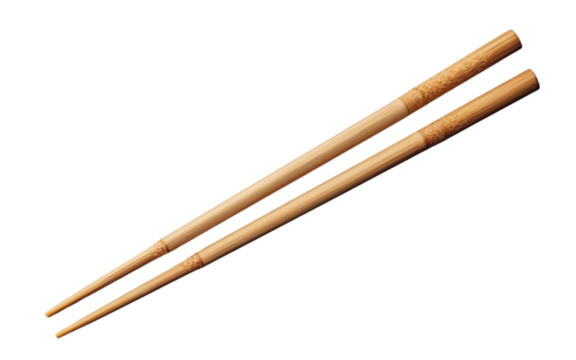 Pair of wooden chopsticks positioned diagonally, isolated on transparent background PNG