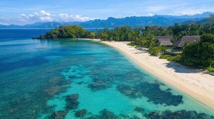 Fototapeta premium A serene aerial view of a secluded beach with crystal-clear waters and untouched sands