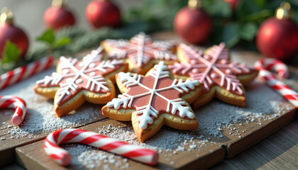 Festive gingerbread snowflakes with cinnamon and festive lollipops.