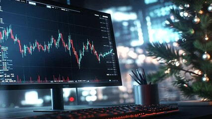 A computer desk setup with a glowing candlestick chart and volume data on a widescreen monitor, symbolizing stock market growth. - Powered by Adobe