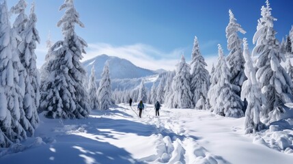 Fototapeta premium Winter hiking in the mountains on snowshoes with a backpack and tent.