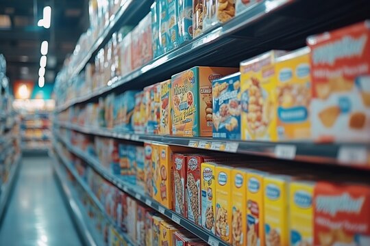 Colorful cereal boxes filling shelves in supermarket aisle