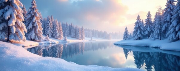 Frozen lake with snow-covered trees surrounding it, lake, snow covered lake