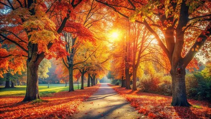 Fototapeta premium Golden Autumn Park: Vibrant Fall Foliage and Scenic Pathway