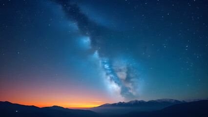 Fototapeta premium Starry Night and Mountain Sunset A Perfect Blend of Nature's Beauty