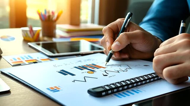A creative close-up of a hand drawing intricate charts in a spiral notebook, surrounded by art supplies and a digital tablet, blending artistic and academic efforts in preparation