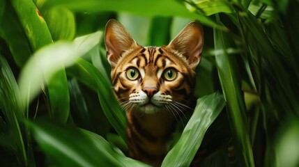 Bengal Cat Hidden In Lush Green Foliage