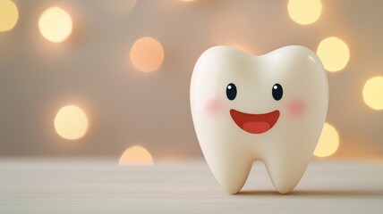 Fototapeta premium A cheerful, cartoonish tooth character with a smiling face, set against a soft, blurred background of warm, glowing lights.