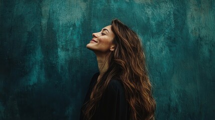 Fototapeta premium Serene woman with freckles against a textured blue backdrop
