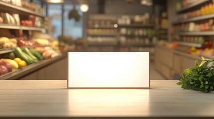Blank price board with fresh food in supermarket abstract blurred background