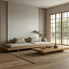 Cozy living room design modern home interior photography bright space wide angle minimalist aesthetic