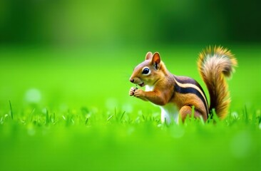 Obraz premium Realistic photography. A large green meadow. A little fluffy squirrel is sitting on the edge of the lawn and eating. Natural background with a squirrel
