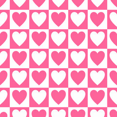 A seamless pattern with interlocking pink and white hearts, arranged in a checkered style. Ideal for romantic themes such as Valentine's Day, invitations, backdrops, packaging, or fabric patterns.