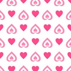 Seamless pattern of pink hearts on a white background. Ideal for romantic themes such as Valentine's Day, invitation cards, backgrounds, packaging or fabric patterns.