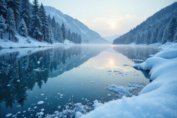 Frozen lake with snowflakes gently falling on the surface, winter, frosty