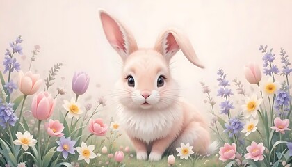 Obraz premium Adorable Pastel Bunny Amidst Spring Flowers Soft Garden Illustration