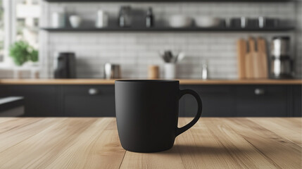Blank matte black coffee cup mockup on wooden kitchen table, on minimalist kitchen background. AI generated images.	