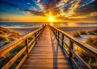 Fototapeta premium Golden Sunset Beach Boardwalk: Stunning High-Resolution Stock Photo