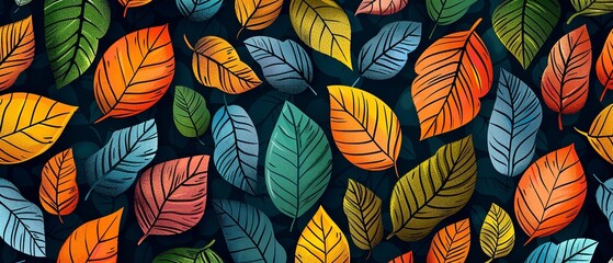 Hand-drawn, vivid artwork of an assortment of leaf layout in warm tones over an offbeat setting exquisite motif can be use in multiple purposes and space, Generative AI.