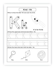 Letter K Tracing Worksheet with Kite, Key, and Kiwi Illustrations for Kindergarten Handwriting Practice