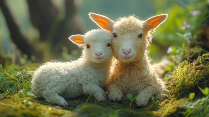 Obraz premium Two Adorable Lambs Resting Together in a Lush Green Meadow During a Sunny Morning in Spring