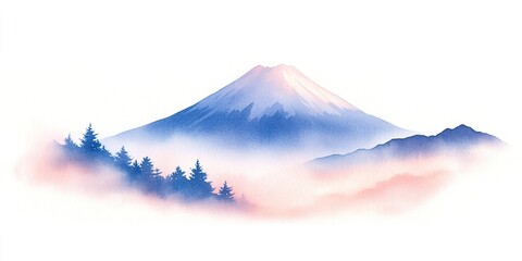 Mount Fuji in Mist: Serene watercolor painting of majestic Mount Fuji, partially veiled in a soft morning mist, with silhouettes of pine trees at its base.