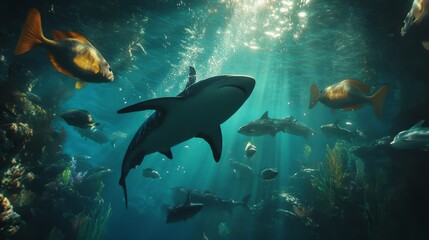 Obraz premium Underwater Ecosystem Teeming With Diverse Fish Swimming in Crystal Clear Waters, Captured During Daylight Hours Showcasing Natural Aquatic Life