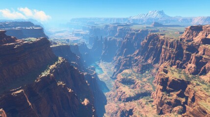 A stunning aerial panorama of the Grand Canyon under a clear blue sky, showcasing its vast depth