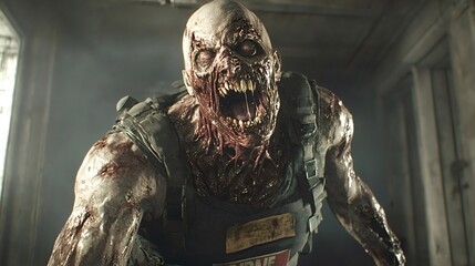 Emerging from darkness, an aggressive, bloody, and screaming zombie with sharp teeth and decaying skin lunges forward, creating a terrifying and suspenseful scene