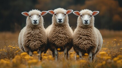 Fototapeta premium Three Fluffy Sheep Standing Close Together in a Golden Field Surrounded by Vibrant Flowers During the Golden Hour of Late Afternoon