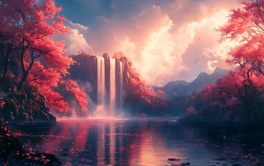 Red Sky Waterfall Fantasy Nature Illustration