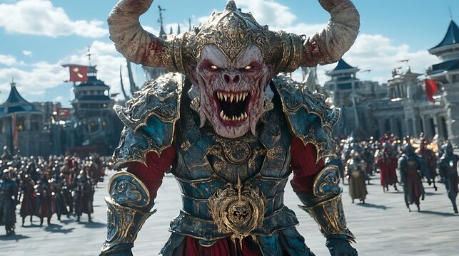 Horned figure in armor faces the camera, city background