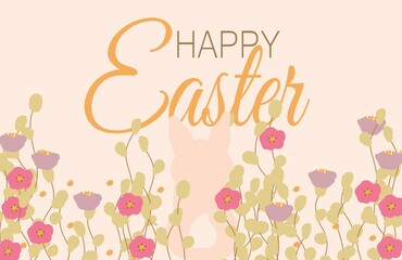 Happy Easter background illustration with flowers and bunny