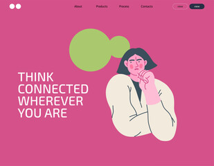 Thinking people, modern flat vector concept illustration- woman standing thoughtfully, looking sideways, bubble near head Metaphor for reflection, analysis, introspection, contemplation, deep thought