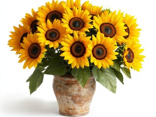 Obraz premium Bright and cheerful sunflower bouquet in rustic vase on a white background for summer