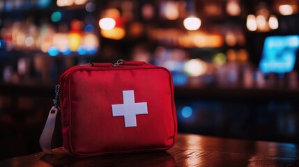 Red First-Aid Kit at Night in City Setting