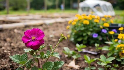 Obraz premium Vibrant Pink Flower in a Community Garden