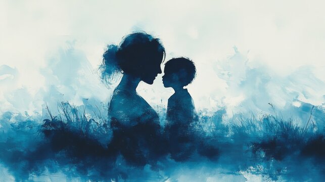 Silhouette of Mother and Child in Tender Embrace with Soft Blue Hues, a touching representation of love and connection