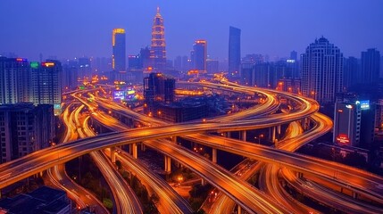 Cityscape at Night Illuminated Highway and Skyscrapers