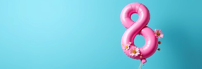 Fototapeta premium Balloon in the shape of a figure eight on a pastel background, flowers on balloons, card for International Women's Day March 8