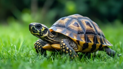 Obraz premium Colorful Indian Star Tortoise Walking on Green Grass in a Natural Habitat