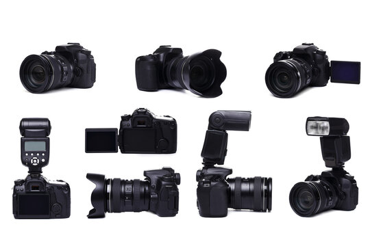 Collection of DSLR cameras from multiple angles on a white background.