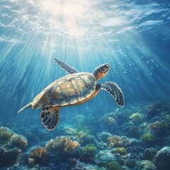 Obraz premium Turtle Gliding Gracefully Through Clear Ocean Water Surrounded by Vibrant Coral Reefs and Sunlit Rays in a Serene Underwater Environment