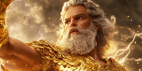 Fototapeta premium Zeus, King of Gods: A majestic and imposing figure, Zeus, the King of the Gods, commands attention with his stern gaze and powerful presence.