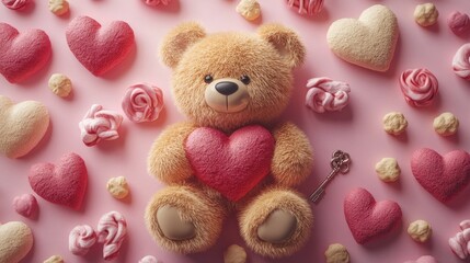 Cute valentine's day bear with heart amidst romantic key and heart decorations