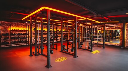 Indoor gym with weights and racks, for fitness training