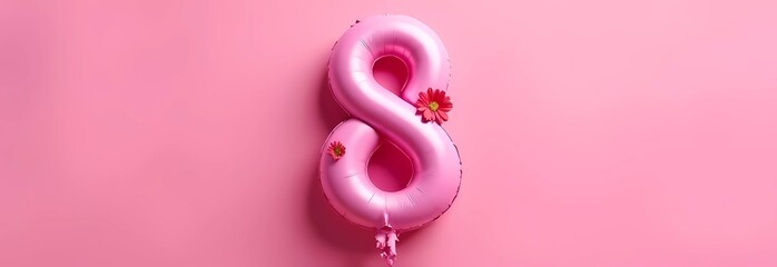 Fototapeta premium Balloon in the shape of a figure eight on a pastel background, flowers on balloons, card for International Women's Day March 8